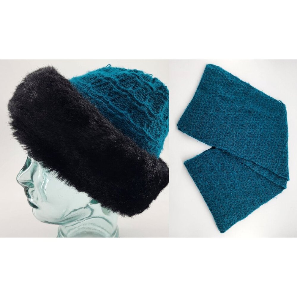 Vtg Everitt Set of 2 Knit Scarf/Hat with Faux Fur Trim Blue/Black 100% Acrylic